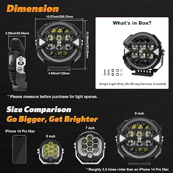 9 Inch Round LED Off-Road Light, 1PC 13000LM 148W LED Driving Light with High/Low Brightness & White Halo DRL Waterproof Compatible with Jeep Tacoma 4Runner Truck SUV UTV Pickup