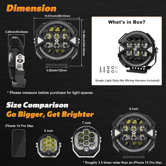 9 Inch Round LED Off-Road Light, 1PC 13000LM 148W LED Driving Light with High/Low Brightness & White Halo DRL Waterproof Compatible with Jeep Tacoma 4Runner Truck SUV UTV Pickup
