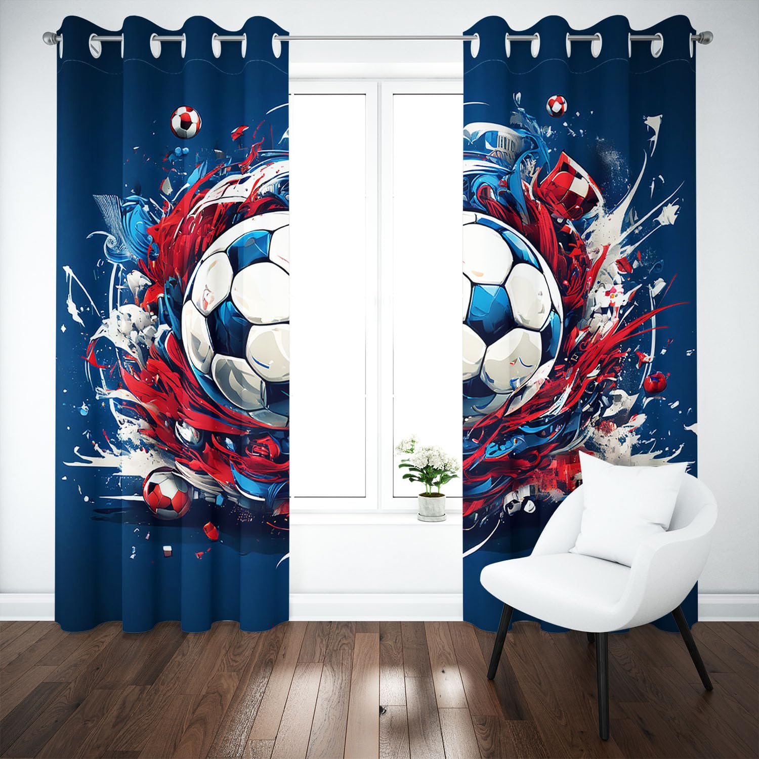 Rideaux de terrain de football, Rideaux à motifs 3D de football bleu avec œillets, Rideau occultant pour enfants à motifs de ballon de football colorés, Rideaux pour garçon pour chambre à