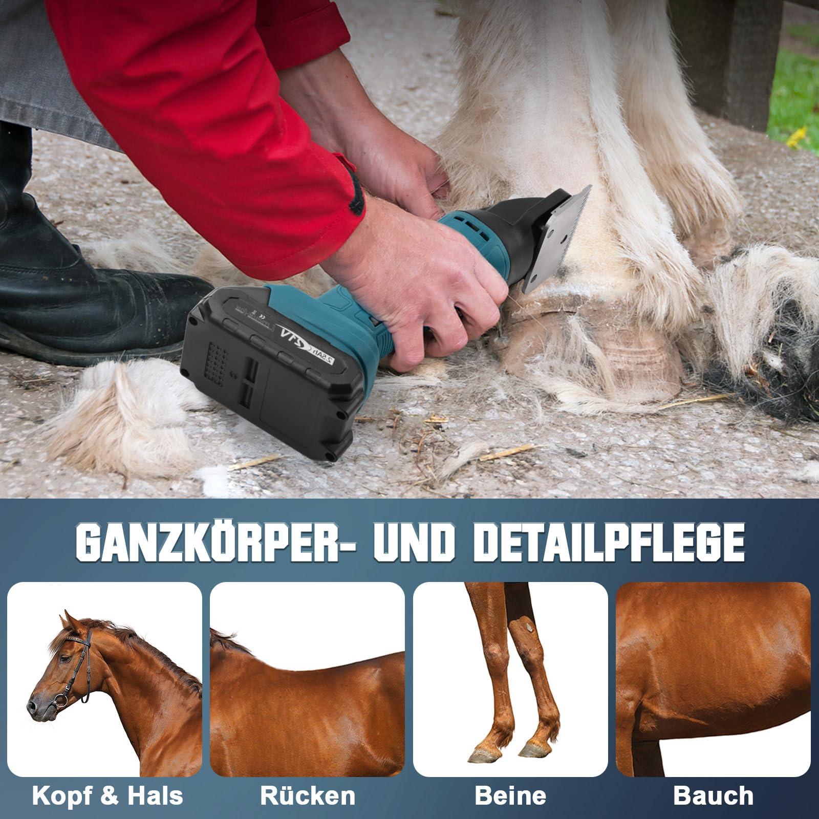 Schermaschine Pferde Akku, 500W Kabelloses Pferdeschermaschine Mit 2x2500mAh Akkus, 6 Geschwindigkeiten Professionelle Schermaschine für Pferde Dickes & Verfilztes Haar Kompatibel mit Makita 18V Akku