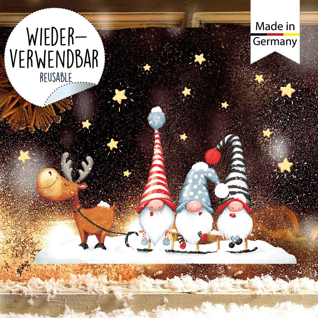 Wandtattoo Loft XXL Fensterbild Weihnachten Elch mit Zwergen Trollen Schlitten Sterne wiederverwendbare Fensteraufkleber Fensterdeko Schaufensterdeko