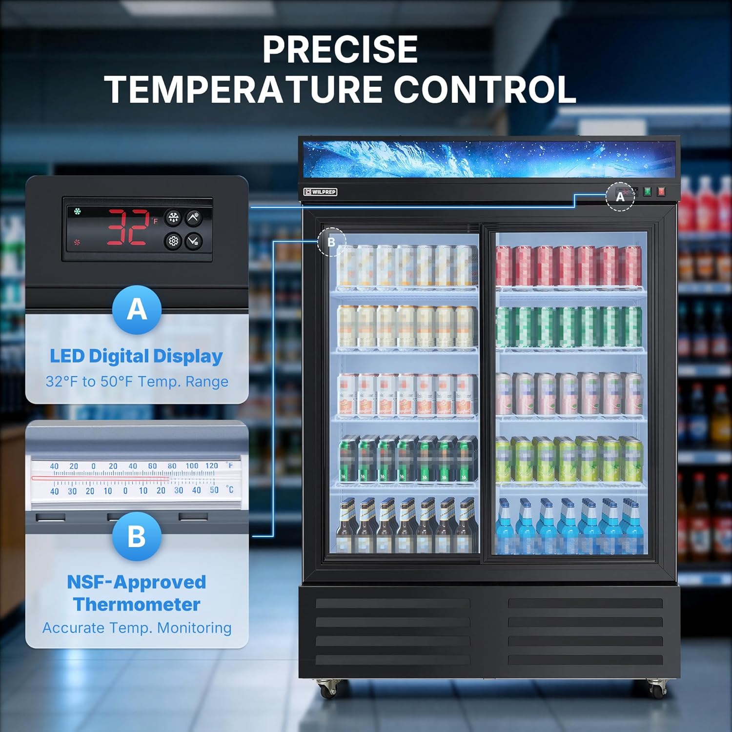 Wilprep 54" Commercial Display Refrigerator, 47 cu. ft. UL Certified Double Glass Doors Fridge with 8 Adjustable Shelves, Sliding Door Merchandiser for Restaurant Bar