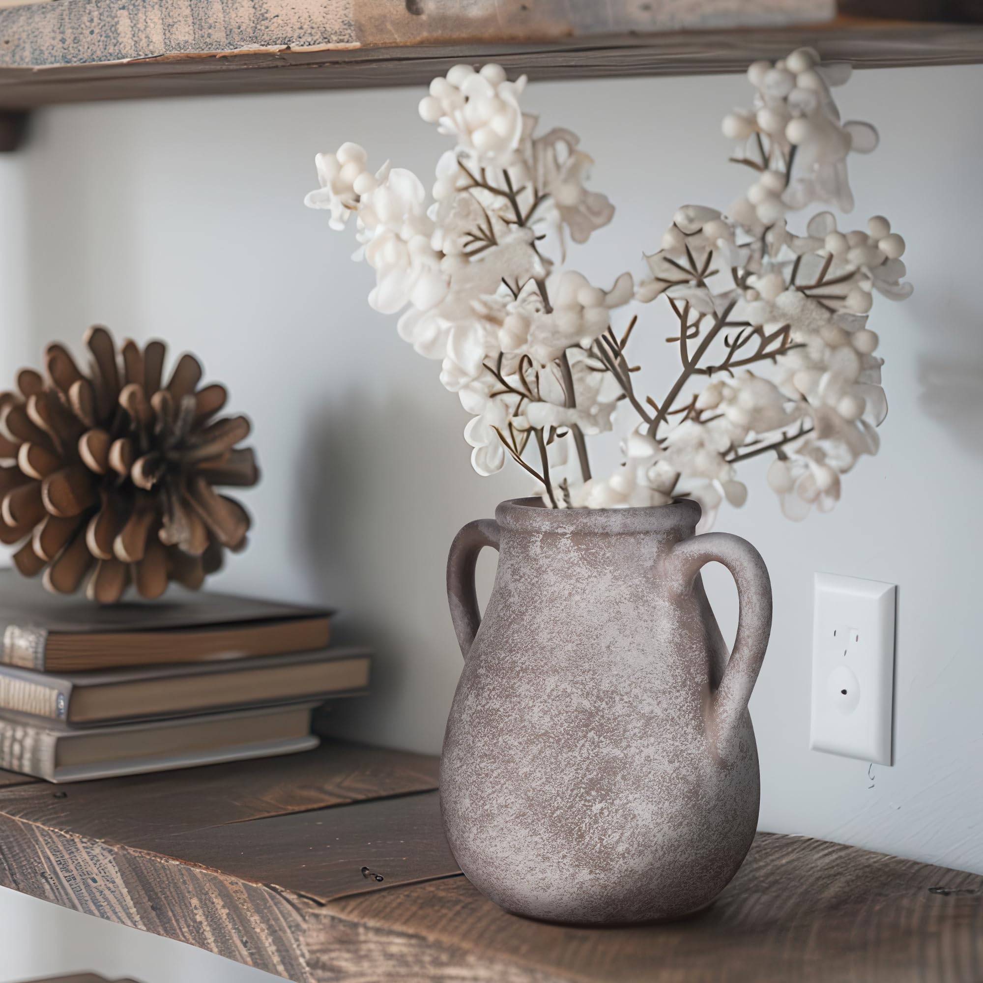 Jarrón rústico de cerámica de arcilla rústica decorativa de terracota para decoración del hogar, jarrones vintage con 2 asas, sin flores (gris)