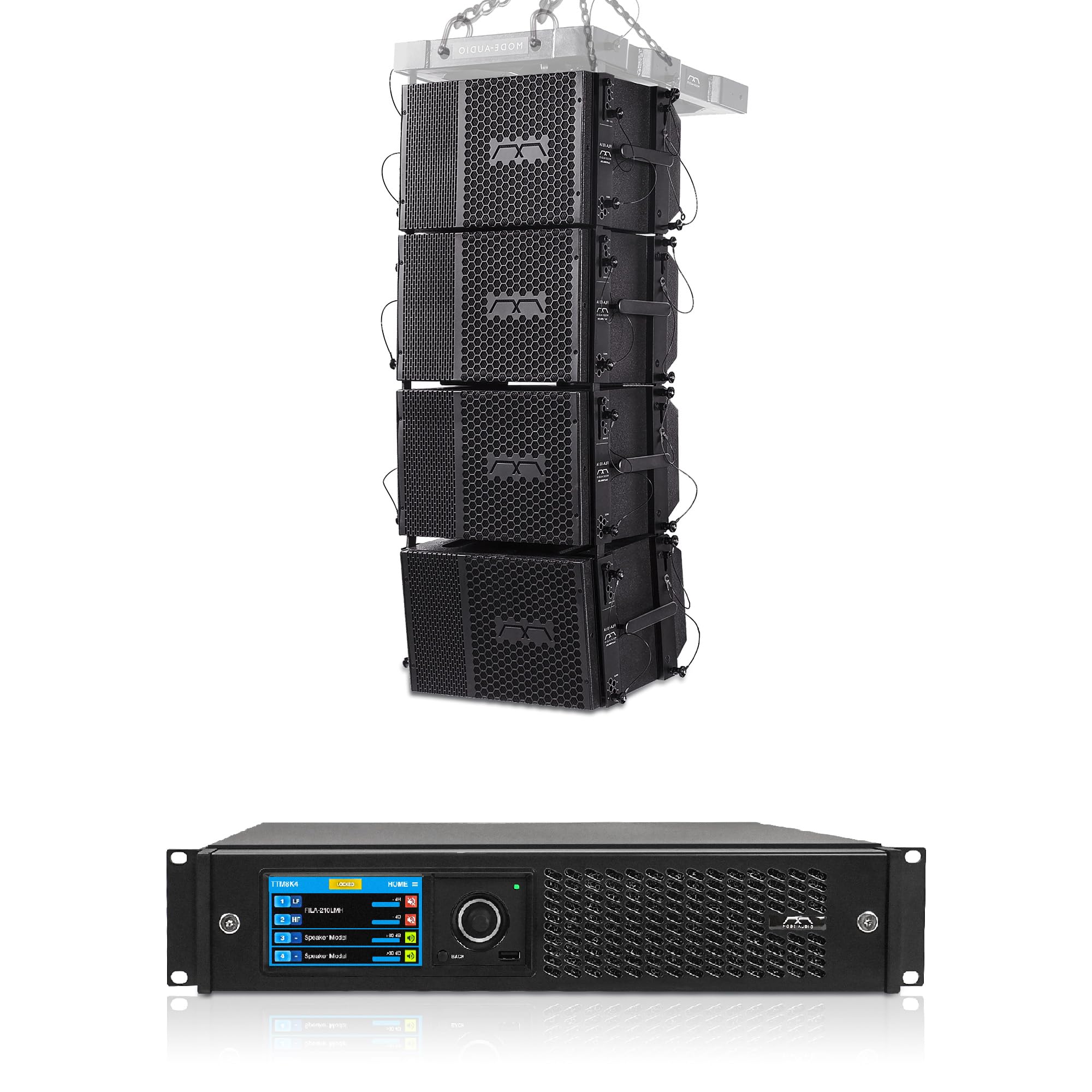 Sound Town Mode Audio Passive Line Array Speaker System with Four 10-inch Passive Line Array Loudspeakers, One Power Amplifier, Italian-Made Neodymium Drivers (FL-10.1X4TTM8)