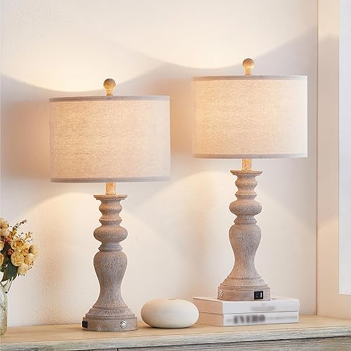 Miniatura 2 de Juego de 2 lámparas de mesa de resina de 25.25 pulgadas con control táctil rústico con puertos USB y salidas de CA, acabado desgastado (bombillas