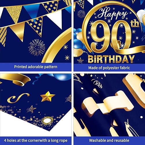 Miniatura 6 de Kauayurk Cartel de feliz cumpleaños 90 para hombres, decoración de fondo azul dorado 90, suministros de fiesta de fondo de fotos de un año,