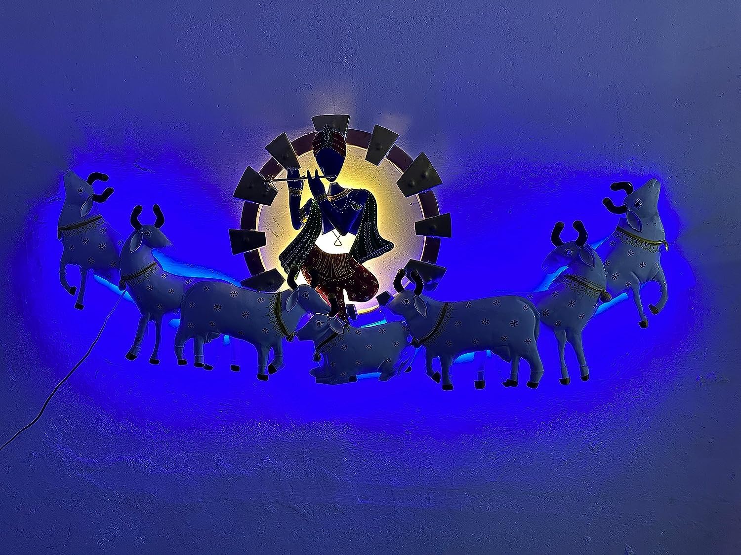 RSN Aesthetic Metal Handpainted Rustic Iron Wall Hanging of 7 Cow Krishna Art Sculpture for Home Office Wall Decor/Wall Hanging (55 inches) 4