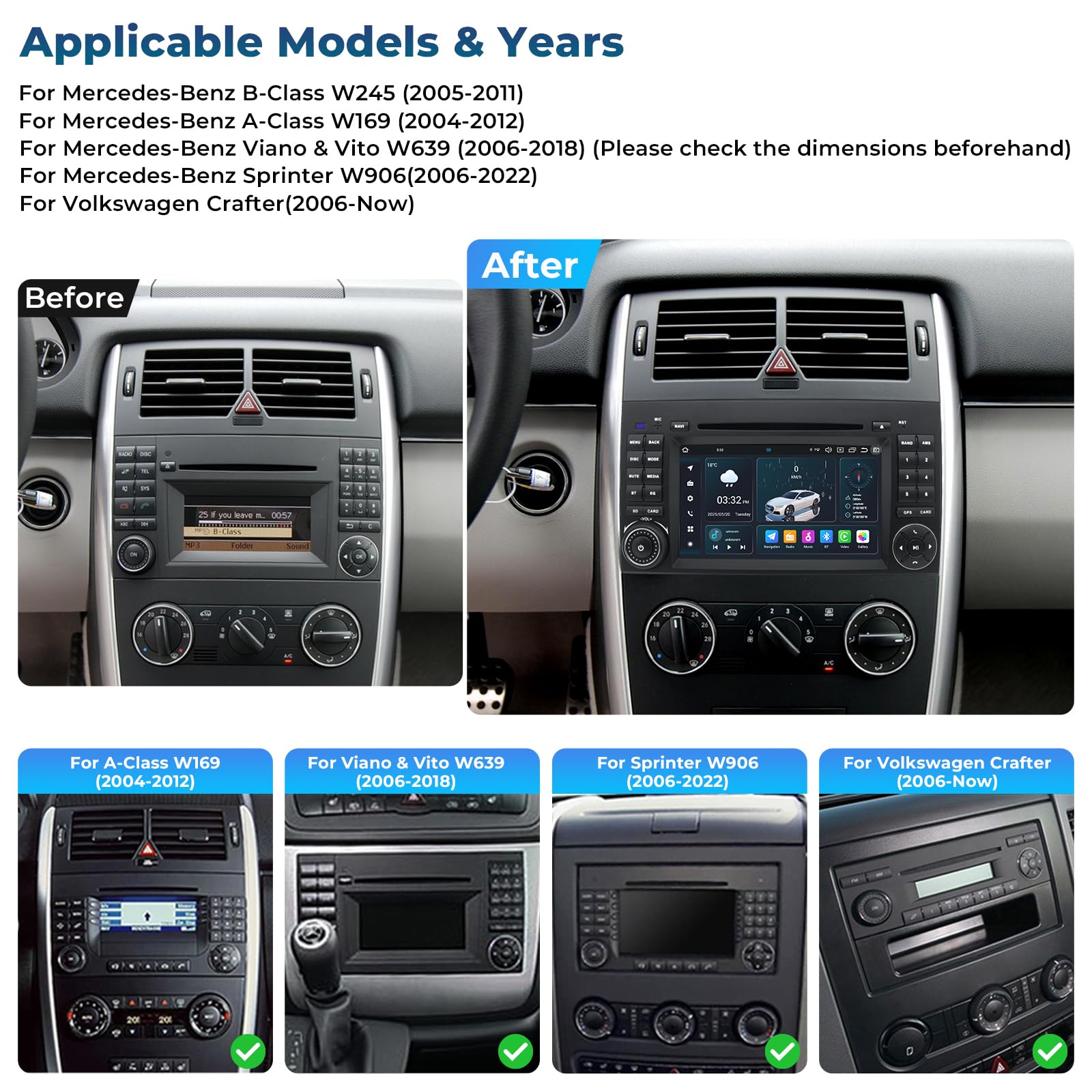 Android 14 Car Radio para Mercedes - Benz Clase A W169/ Clase B W245/ Viano&Vito W639/ Sprinter W906 con Octa Core 6GB+128GB Incorporado 4G LTE Car play Android Auto DAB SWC Bluetooth GPS Navi
