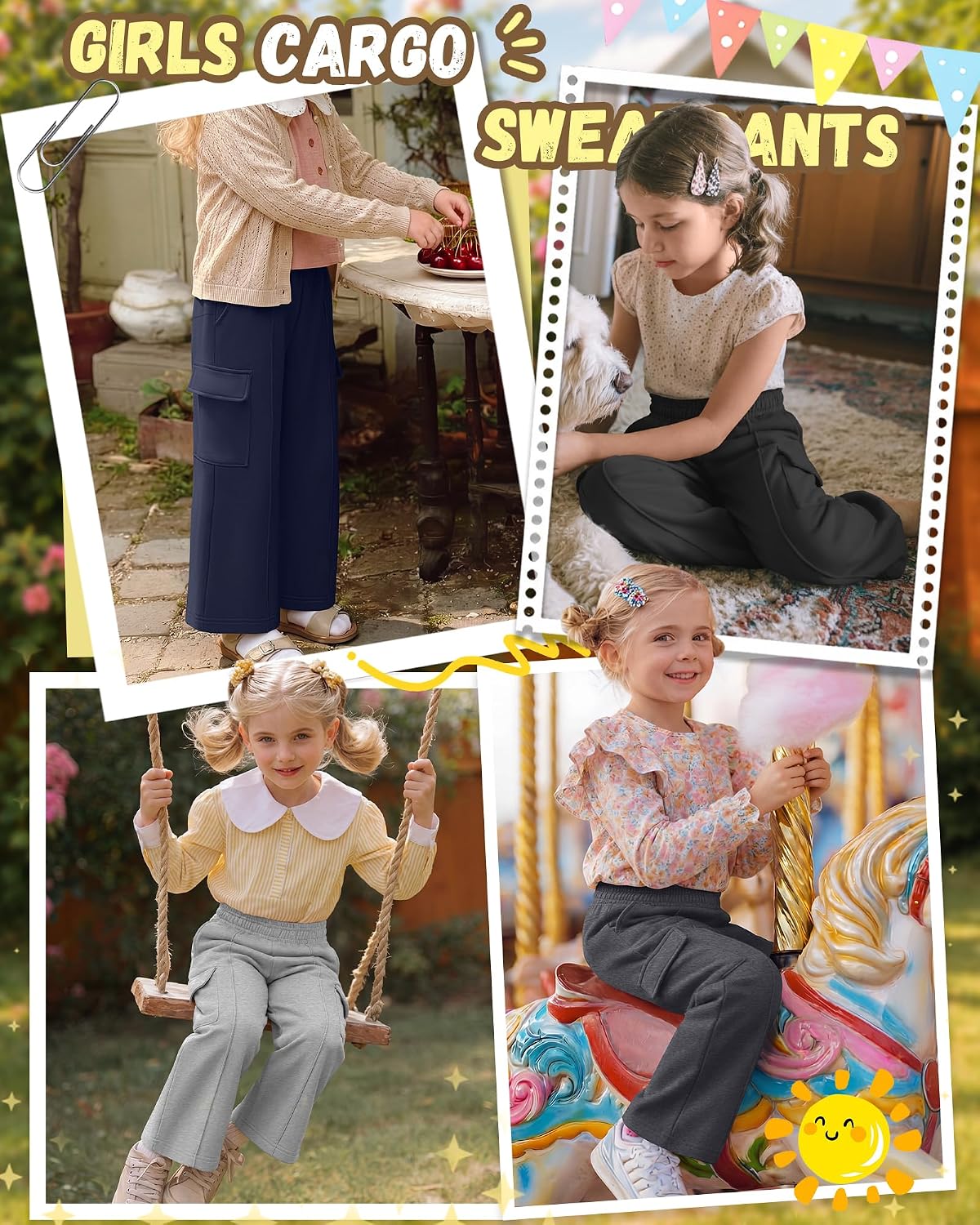 Ficerd 4 Pack Girls' Wide Leg Cargo Sweatpants Baggy Elastic Waistband Kids Casual Athletic Joggers with Pockets 5-14 Years