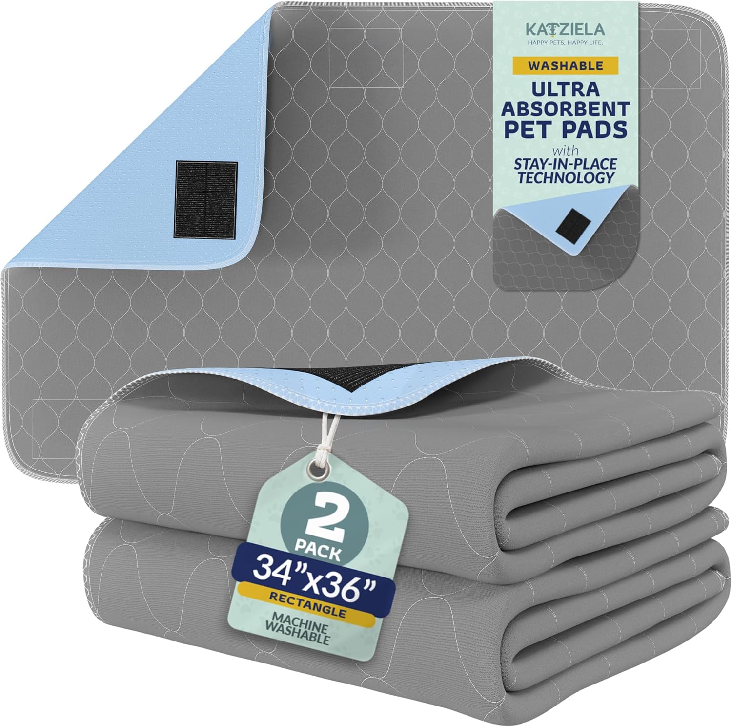 Katziela Quick-Drying Washable Pee Pads for Dogs Waterproof Reusable Puppy Pads with Hook & Loop Corners for Pet Potty Training, Daycare -Machine Washable Dog Pee Pad (34x36, 4, 4 Pack)