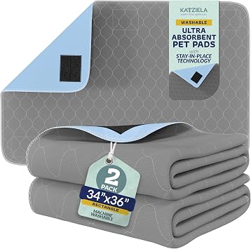 Katziela Quick-Drying Washable Pee Pads for Dogs Waterproof Reusable Puppy Pads with Hook & Loop Corners for Pet Potty Training, Daycare -Machine Washable Dog Pee Pad 34x36, 2, 2 Pack