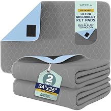 Katziela Quick-Drying Washable Pee Pads for Dogs Waterproof Reusable Puppy Pads with Hook & Loop Corners for Pet Potty Training, Daycare -Machine Washable Dog Pee Pad 34x36, 2, 2 Pack