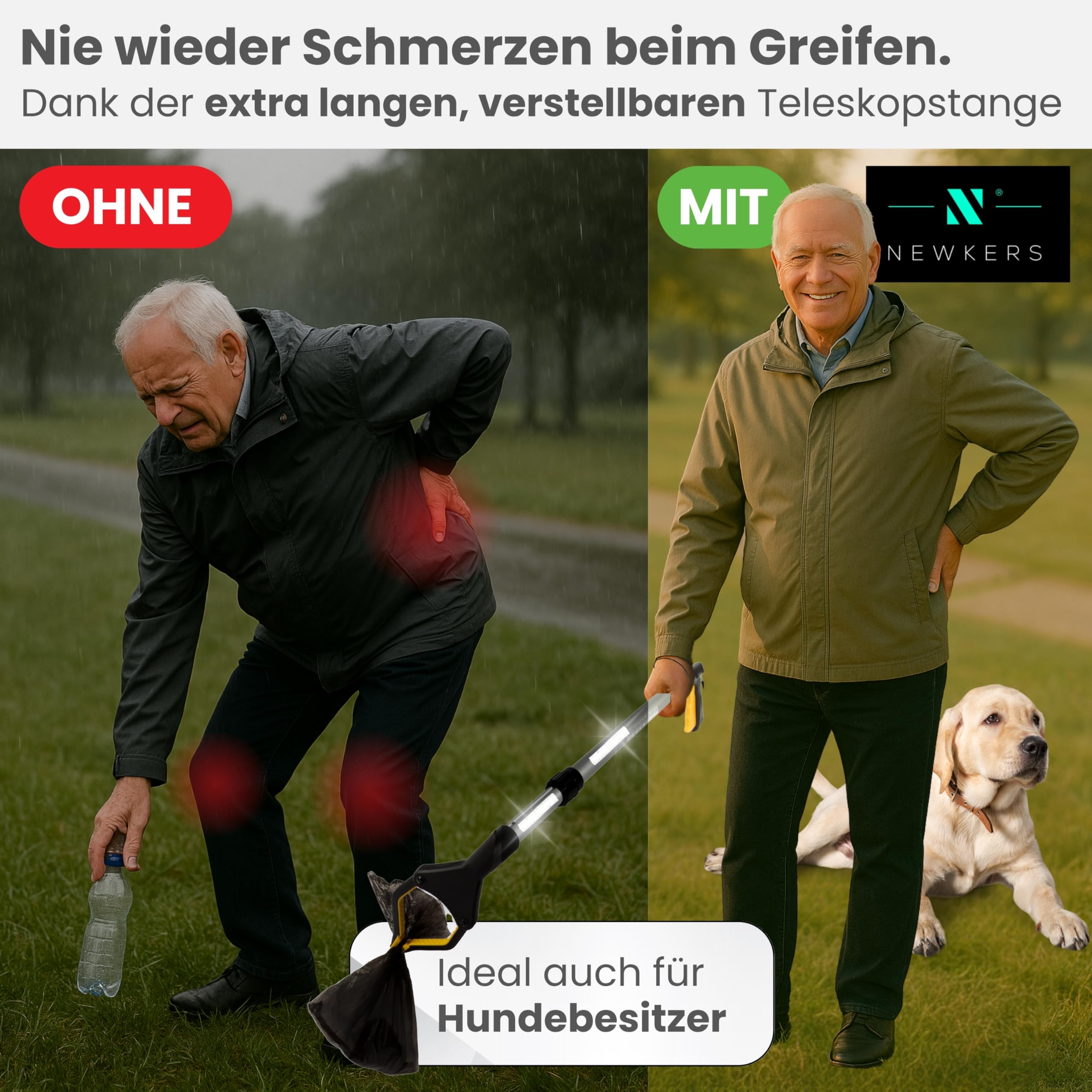 [75-111cm] Greifzange für Senioren, Greifer mit Aluminium Teleskop Stange für individuelle Einstellung und starkem Griff mit 360° Drehkopf, Ergonomischer Reacher für Senioren mit Magnet-Greif