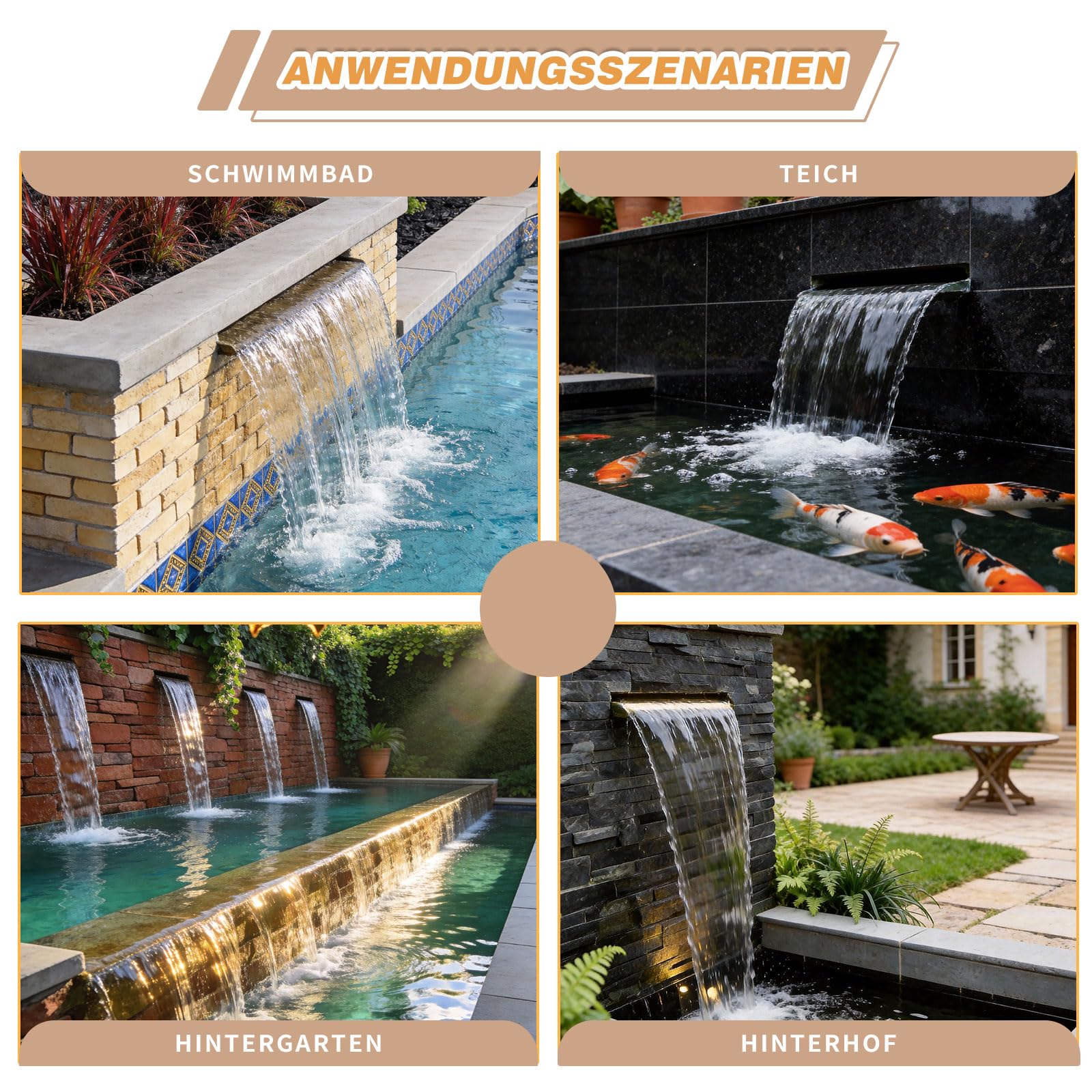Con coperchio, troppopieno di cascata in acciaio inox, fontana per esterni, troppopieno d'acqua, cascate di stagno koi per giardino, terrazza e piscina, 60 cm