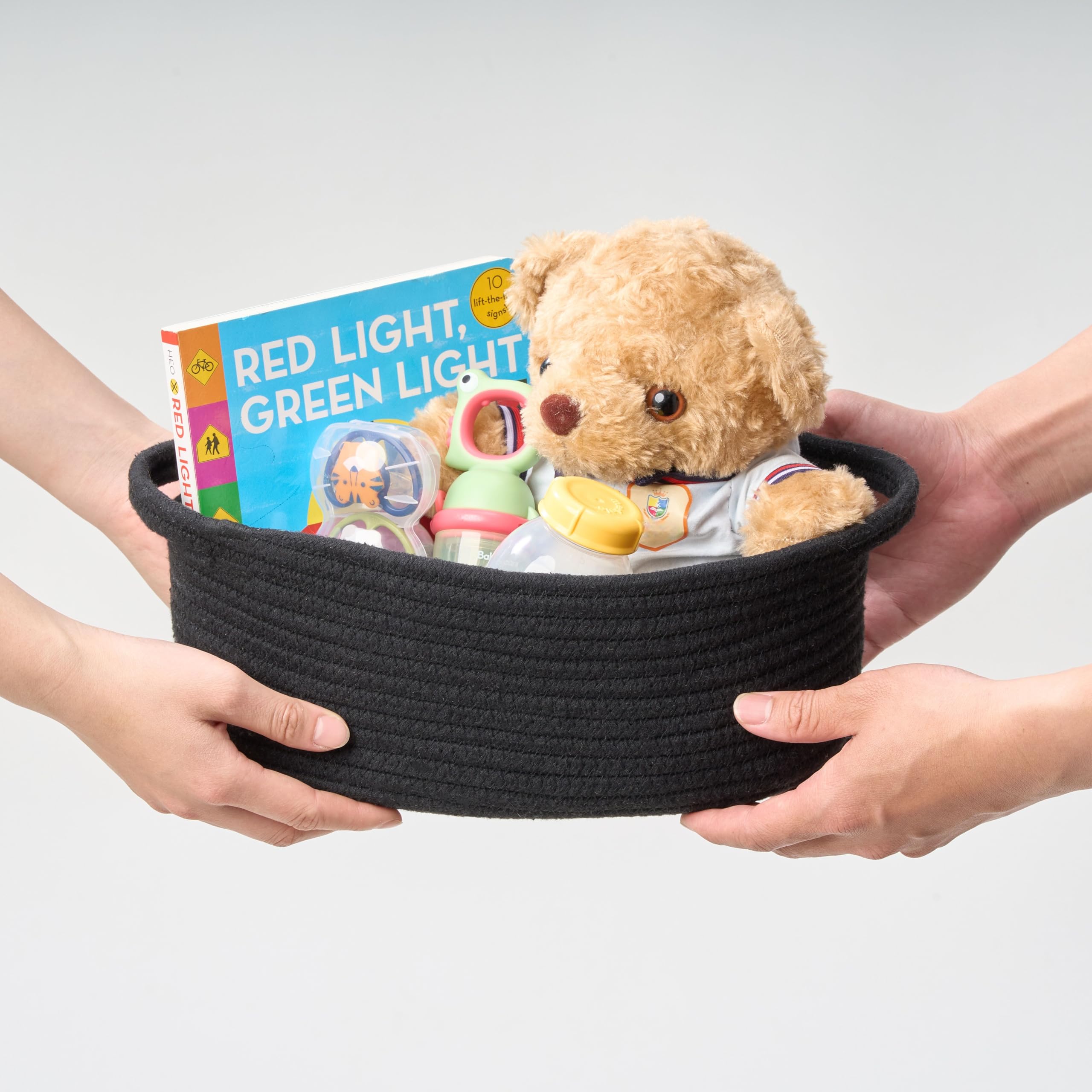 Small Woven Gift Basket Empty with Bag & Ribbon - Gifts for Mom, Baby Shower, Birthdays & Raffle - Cotton Rope Storage Basket for Dog Toys or Shelf - 12"x8"x5", Black
