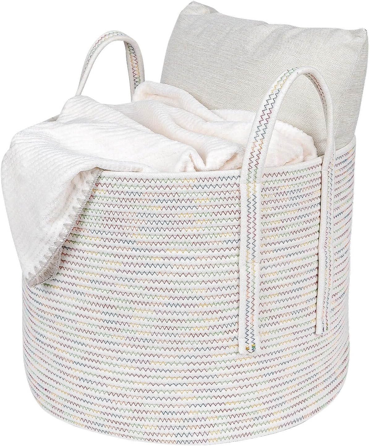 CubesLand Blanket Basket,Woven Rope Laundry Basket,Clothes Hamper for Laundry,Blanket Basket for Living Room Baby Nursery,Large Bin Basket with Handle for Kids Toys Storage,Round 58L Mixed Stitches Mixed Stitches (58L)L18xW18xH14