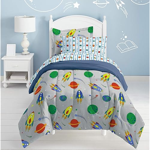 Dream Factory Space Rocket Ultra Soft Microfiber Comforter Set, Multi-Colored, Twin,2A745901MU