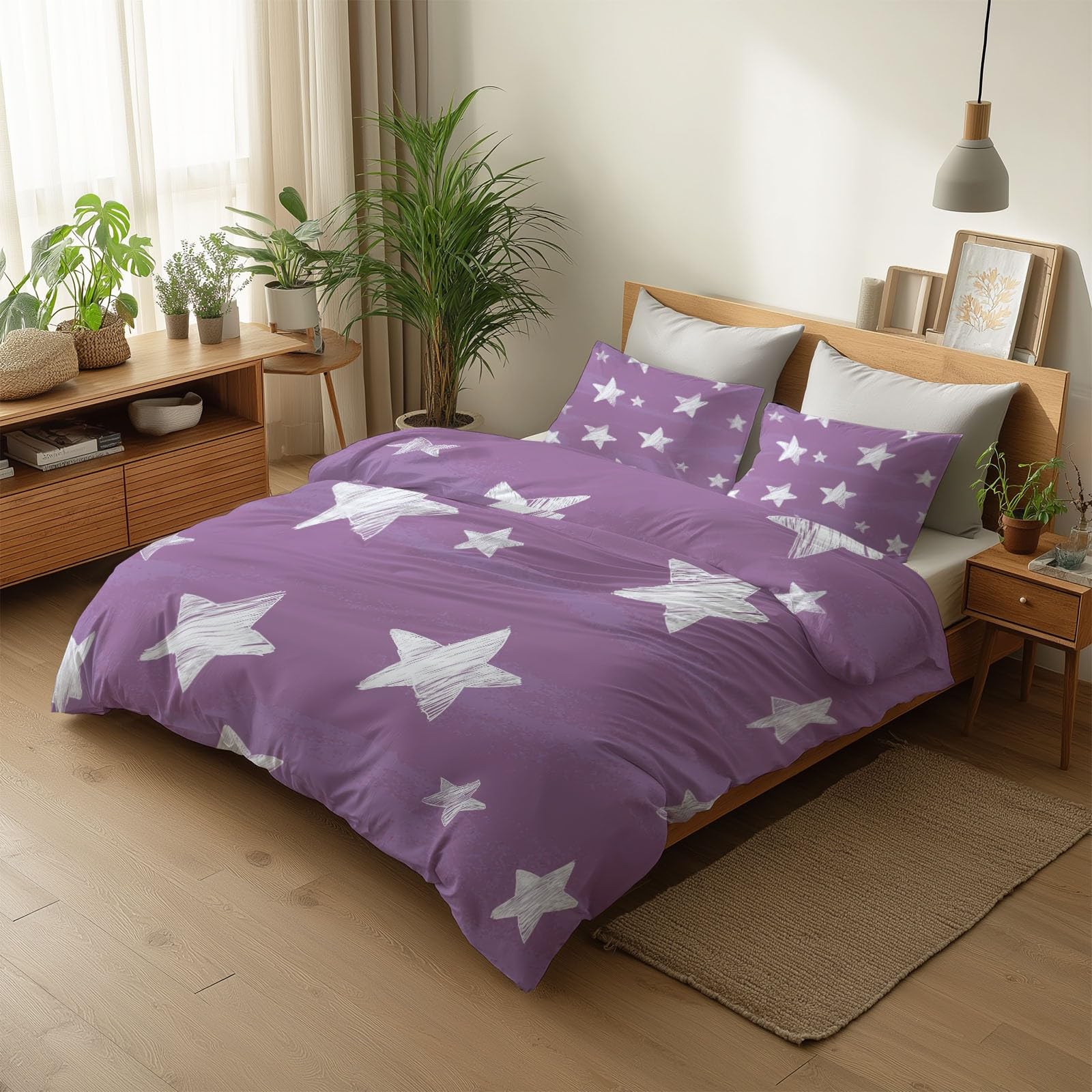 Funda Nórdica Cama 105 Estrellas Lilas, Juego De Funda Nórdica 180x220 cm, 3 Piezas Ropa de Cama con 2 Fundas de Almohada 50x75 cm, Microfibra Reversible Colcha