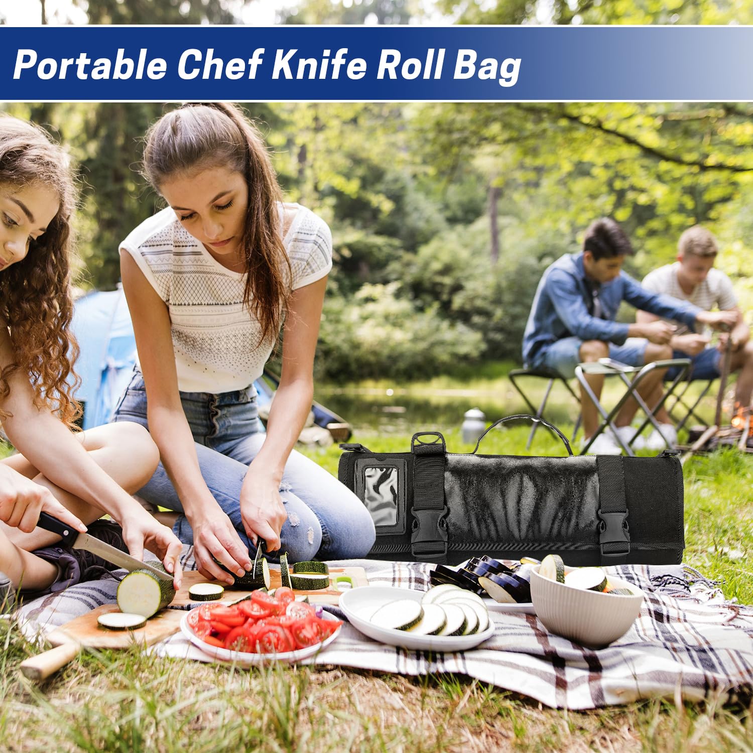 Borsa arrotolabile per coltelli da chef, in tela resistente e pelle, custodia impermeabile per coltelli con 10 scomparti e 1 custodia rimovibile, per casa, cucina, campeggio, escursionismo