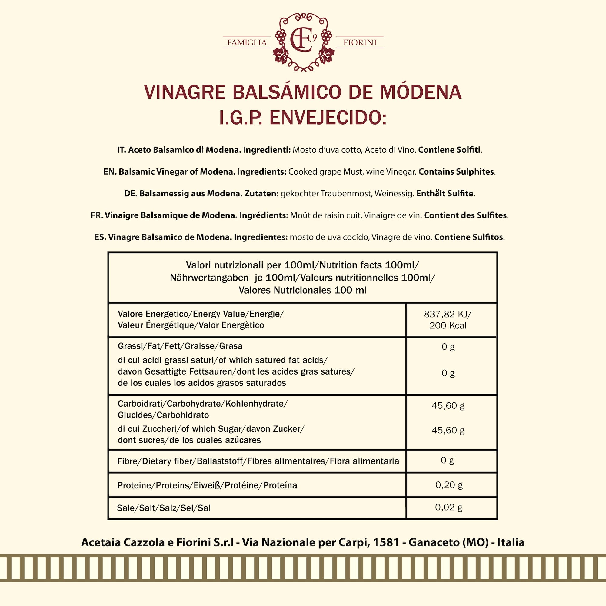 Famiglia Fiorini, Vinagre Balsámico de Módena I.G.P. Envejecido, Vinagre Envejecido durante 3 años en Barrica de Roble, Elaborado con Uvas 100% Italianas, Ideal para Aliñar Ensaladas, 250 ml.