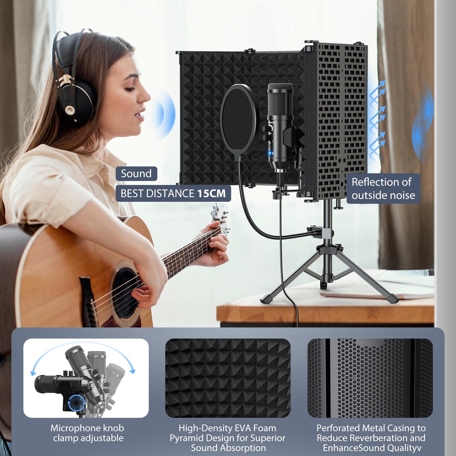 Studio Registrazione Microfono Isolamento Scudo con Pop Filtro & Treppiede Kit Studio Mic per Computer Portatile e Pc Attrezzature Vocale Condensatore Riworal