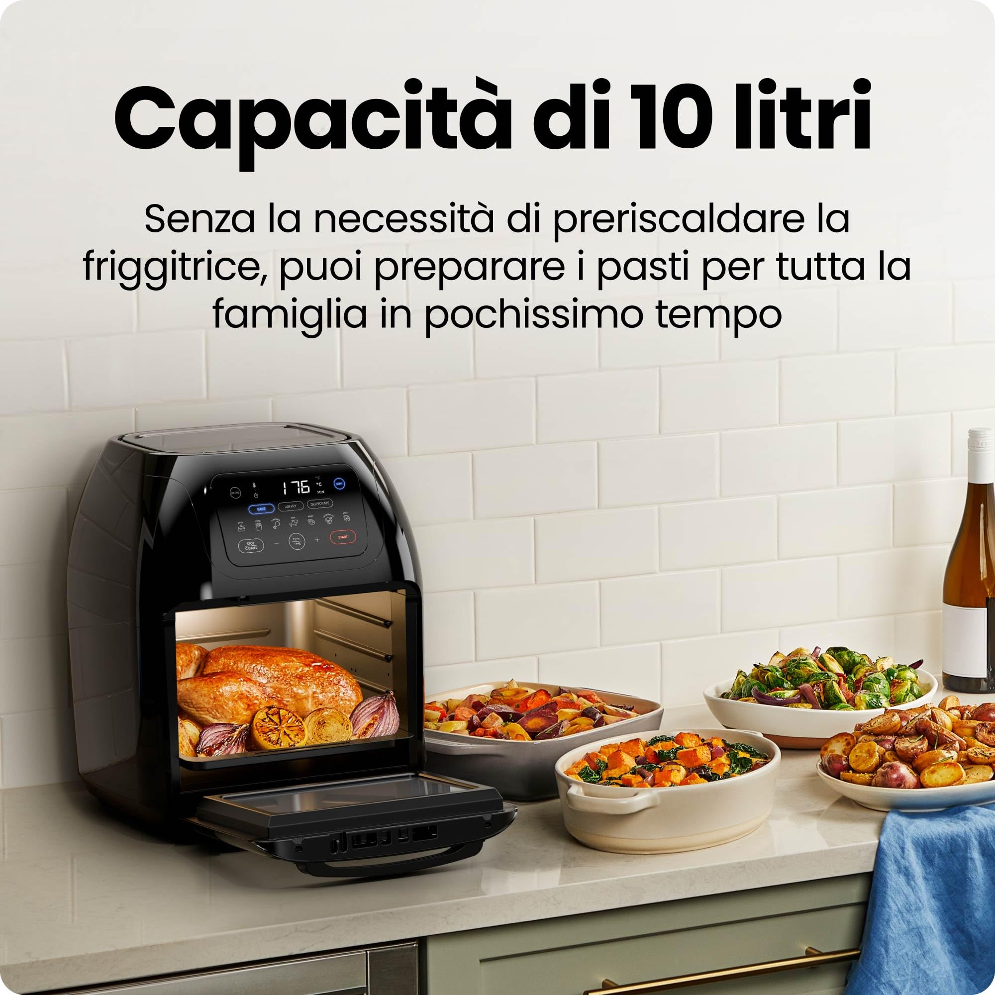 Chefman Friggitrice Digitale Multifunzionale, Girarrosto, Disidratatore, Forno a Convezione, 17 Preselezioni Touch-Screen, Friggere, Arrostire, Spegnimento Automatico, Formato Famiglia XL 10 L, Nero