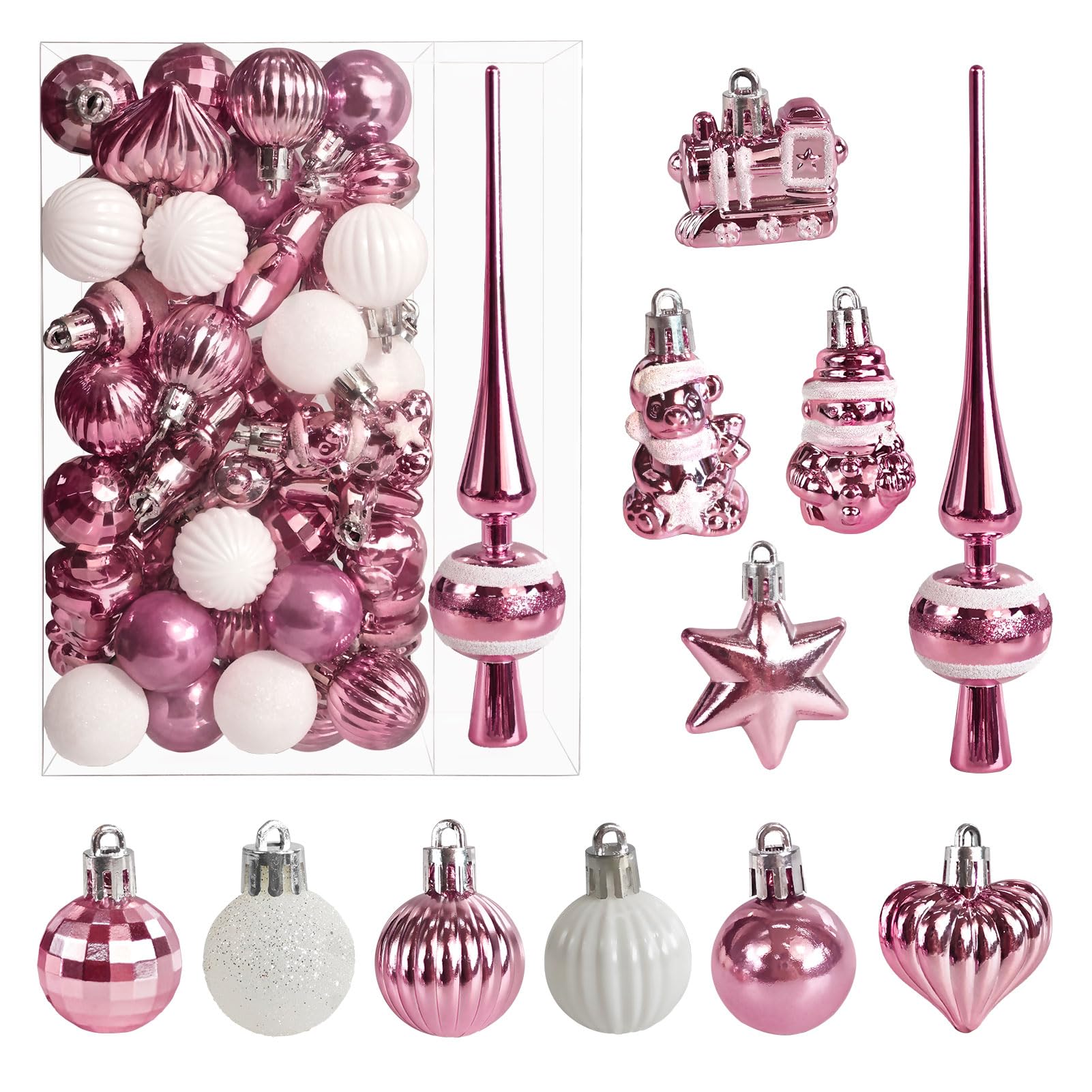 34 pcs Christmas Baubles with Tree Topper Set,Ø3/4.5/5.5cm Small Christmas Tree Baubles Plastic Rose Gold Baubles Mini Christmas Table Decoration Christmas Tree Decoration Ornaments