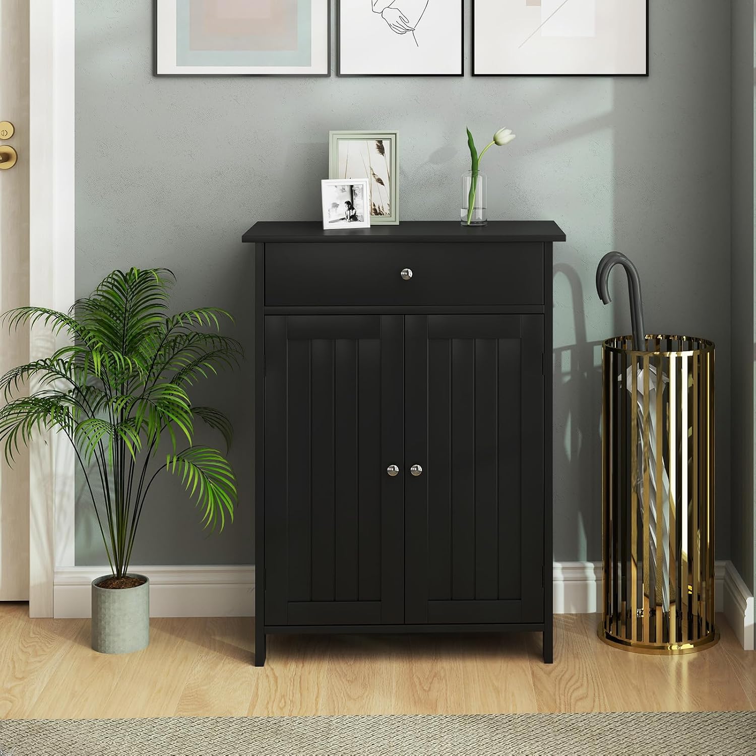 Giantex Storage Cabinet, Freestanding Bathroom Cabinet with 2 Doors, 1 Drawer, 3-Level Adjustable Shelf, Modern Wooden Storage Organizer for Laundry Room, Entryway, Living Room (Black)