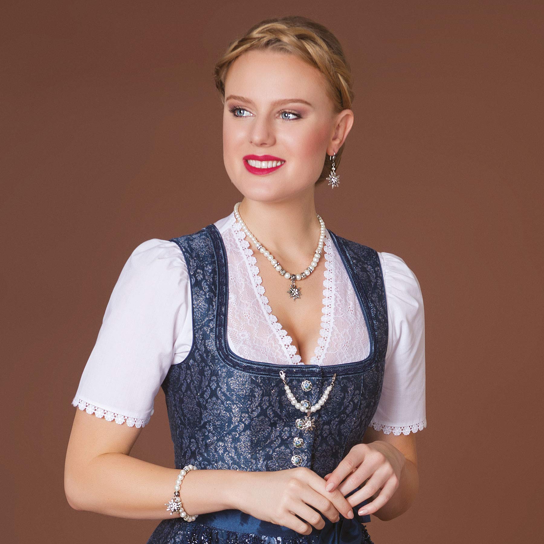 Alpenflüstern Trachtenschmuck-Set Perlen-Trachtenkette, Armband, Charivari und Ohrhänger Strass-Edelweiß - Damen-Trachten-Schmuck, Trachtenset Creme-weiß SET048