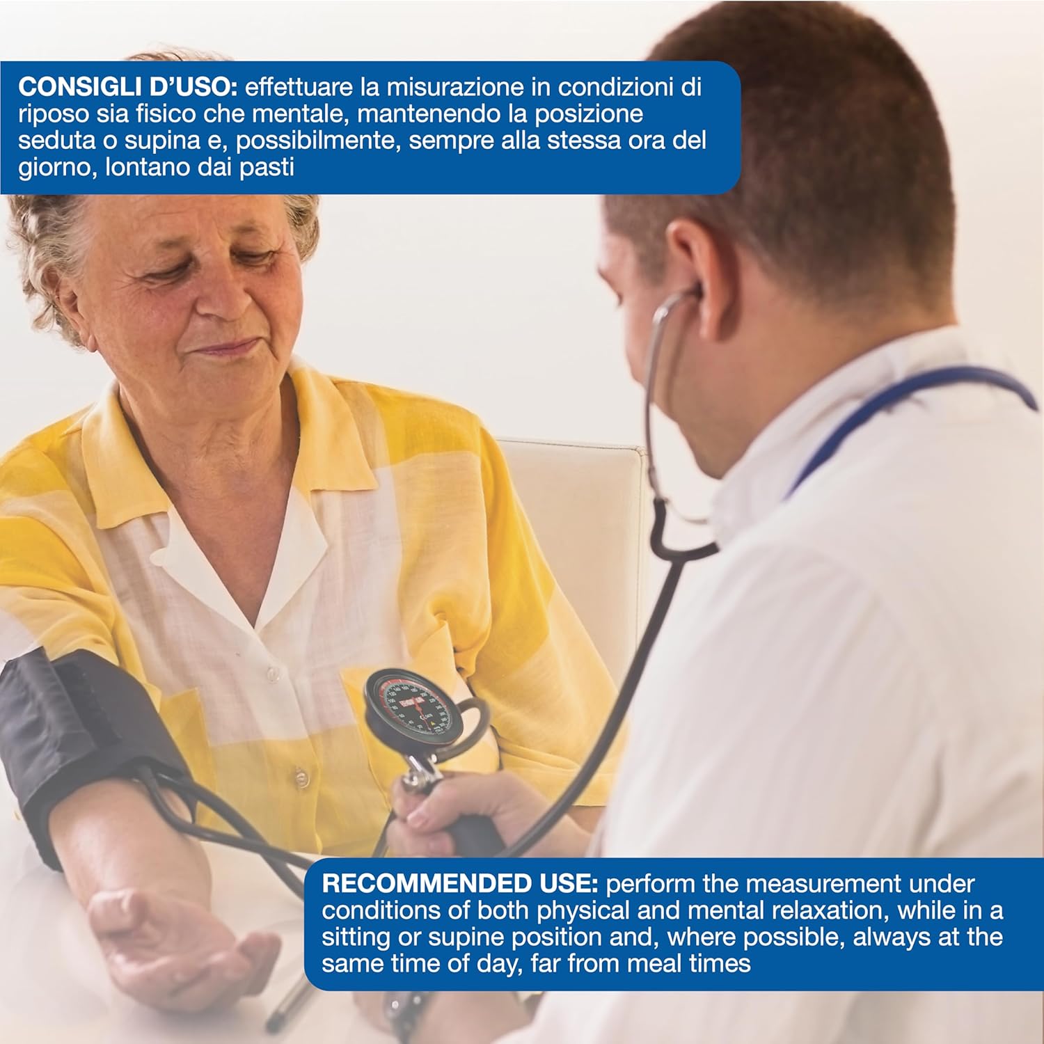 Recommended use for blood pressure measurement: patient in relaxed sitting or supine position