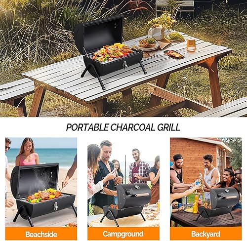 Miniatura 6 de VINGLI Parrilla de carbón portátil con termómetro y mango de madera, multifuncional de metal, compacta, de mesa, barbacoa, parrilla de carbón al