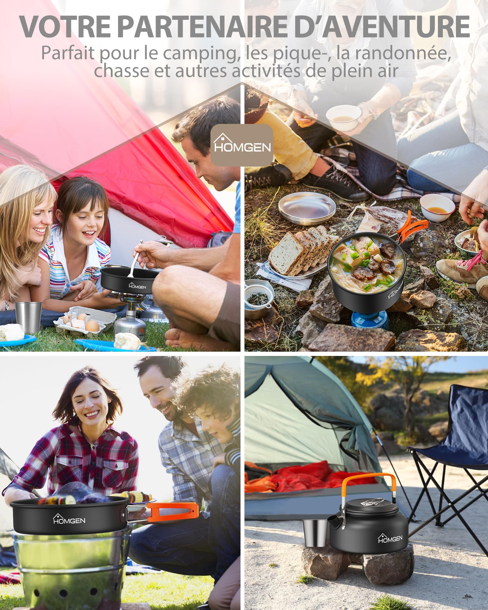 HOMGEN Set de Cuisine de Camping avec Pare-Brise Ensemble de Casseroles et Poêles de Camping en Aluminium pour 2-3 Personnes - Batterie de Cuisine Portable Légère pour l’extérieur, la Randonnée