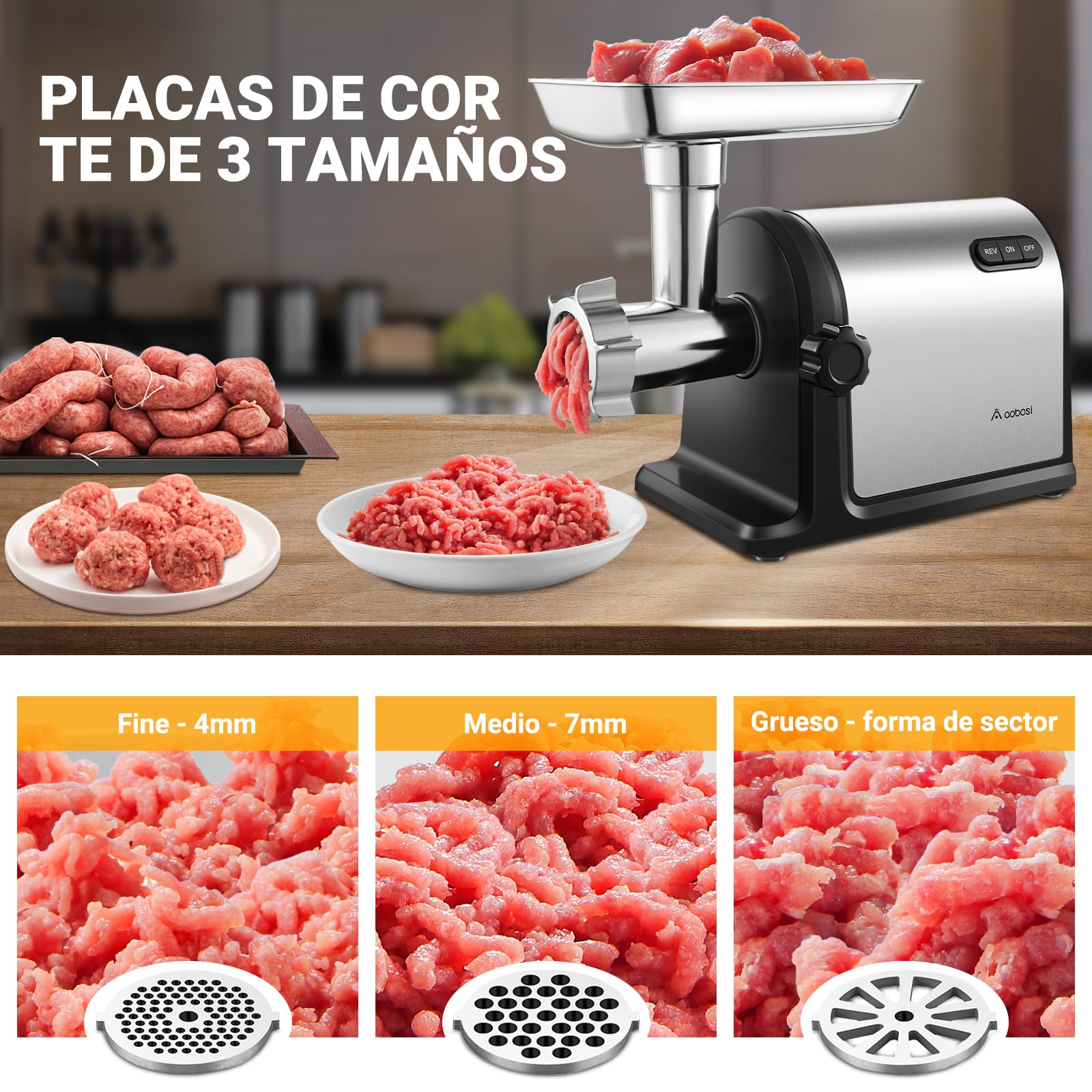 Picadora de Carne-AOBOSI Picadora de Carne Eléctrica 3-EN-1 con 3 Discos Picadores de Acero Inoxidable, 1 Kubbe y 3 Tubos para Embutidos. Tamaño 12 y Motor [3000w Max], Picadora carne con cuchillas.