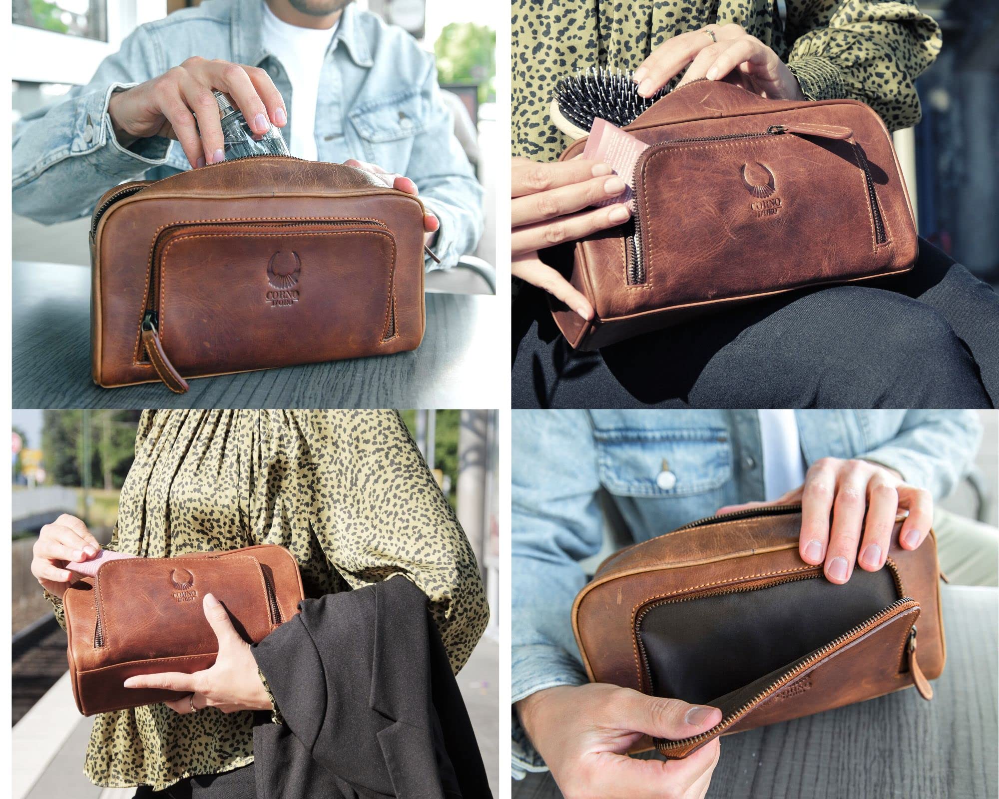 Corno d´Oro Beauty case da viaggio uomo in vera pelle, trousse per bagno toilette portaoggetti organizer marrone artigianale