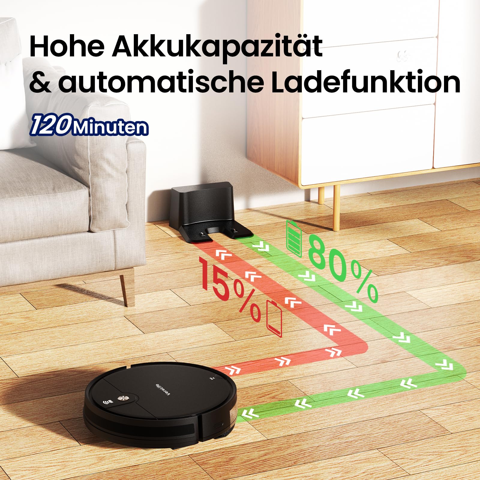 VersLife L6 Saugroboter mit Wischfunktion, 4000Pa Staubsauger Roboter | App Steuerung, Alexa, 120 Mins MAX, Ultraflaches Design, Saug und Wischroboter für Tierhaare, Teppiche und Hartboden
