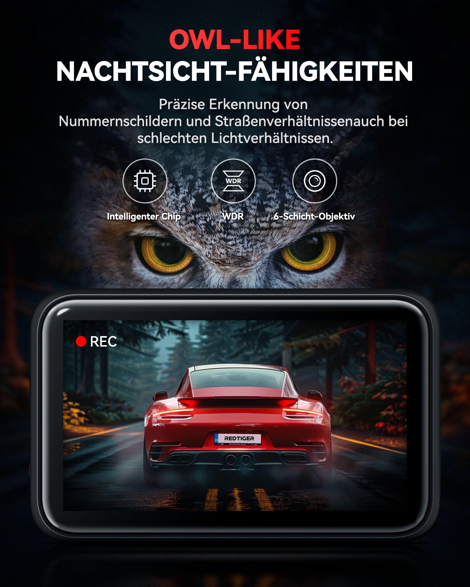 REDTIGER F4 4K Dashcam Auto Vorne, 2,2 Zoll Mini Auto Kamera,Touchscreen, Sprachsteuerung,Inklusive 32GB Karte, Nachtsicht,WiFi,APP Steuerung, Schleifenaufzeichnung, 24-Stunden-Parküberwachung
