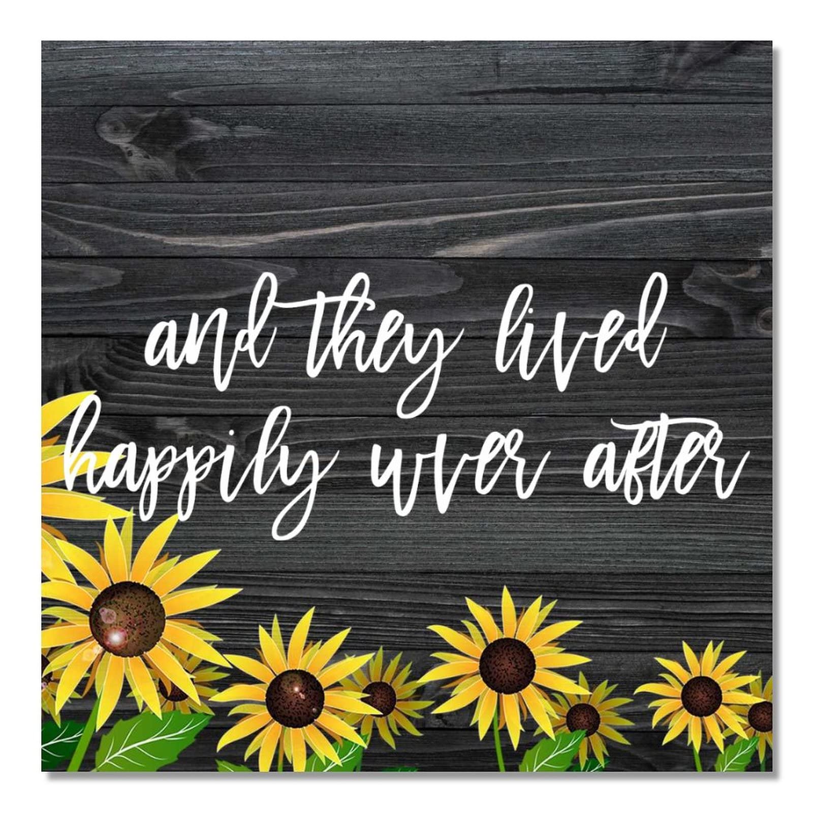 Plaque murale en bois tournesol 40x40 cm retro And They Lived Happily Ever After