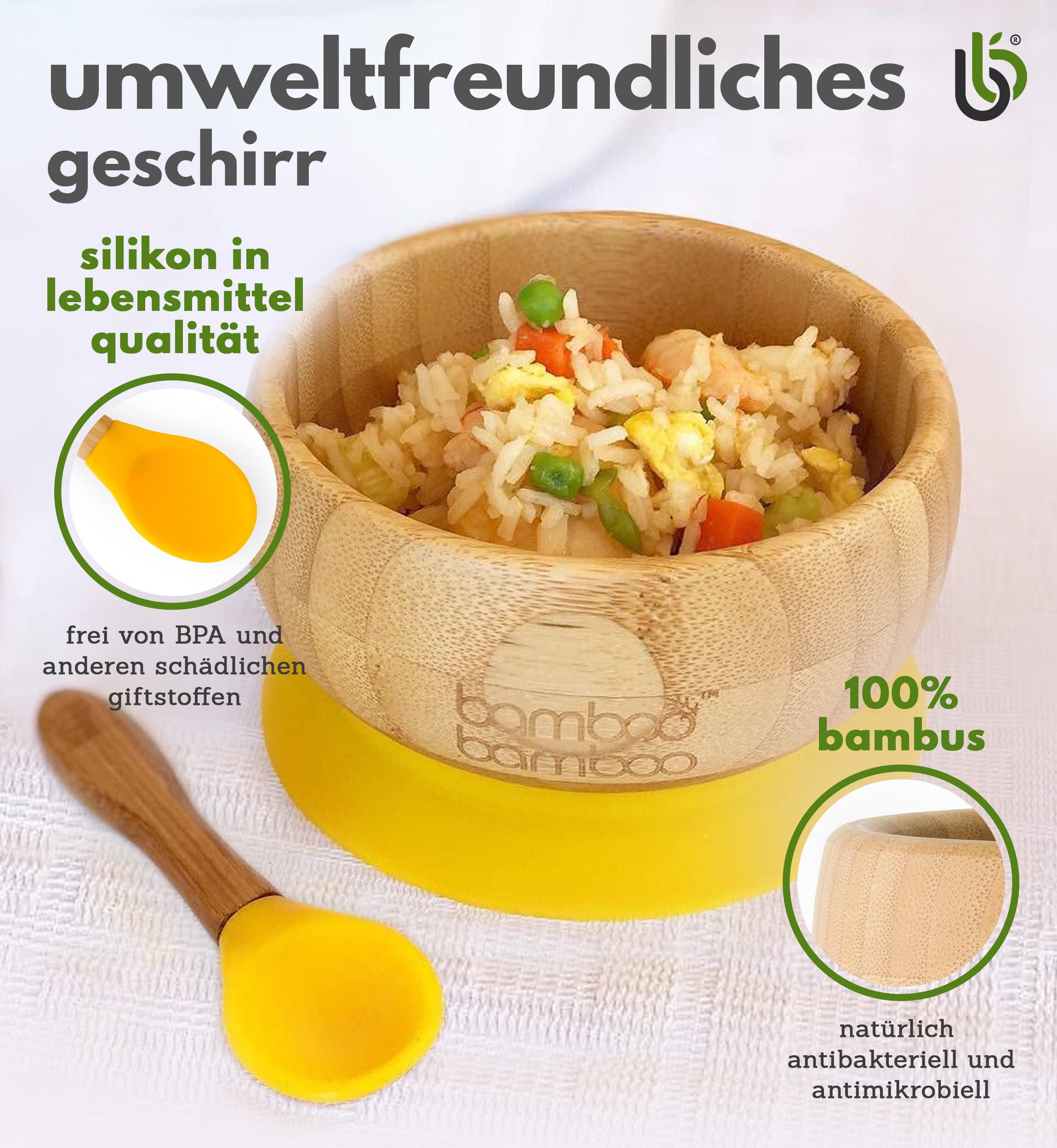 Bamboo Baby Schüssel und Löffel - Schalen zum Abstillen, Teller ab 6 Monaten (Gelb)