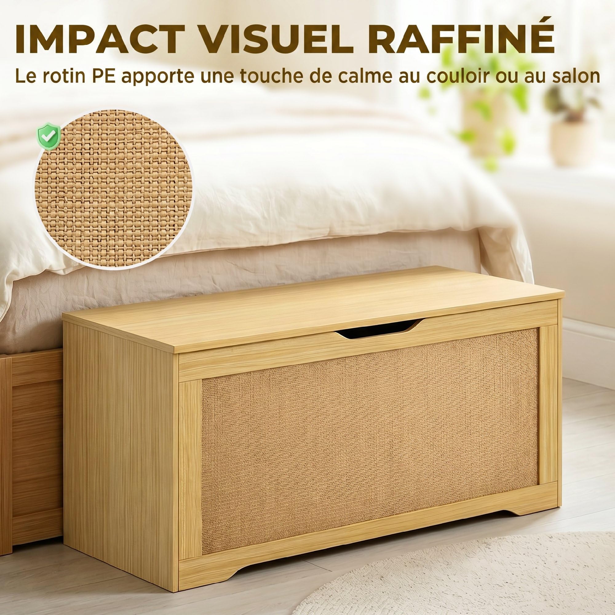 HOMCOM Coffre de Rangement en Rotin 136L Banc Coffre 100x40x45 cm Chêne