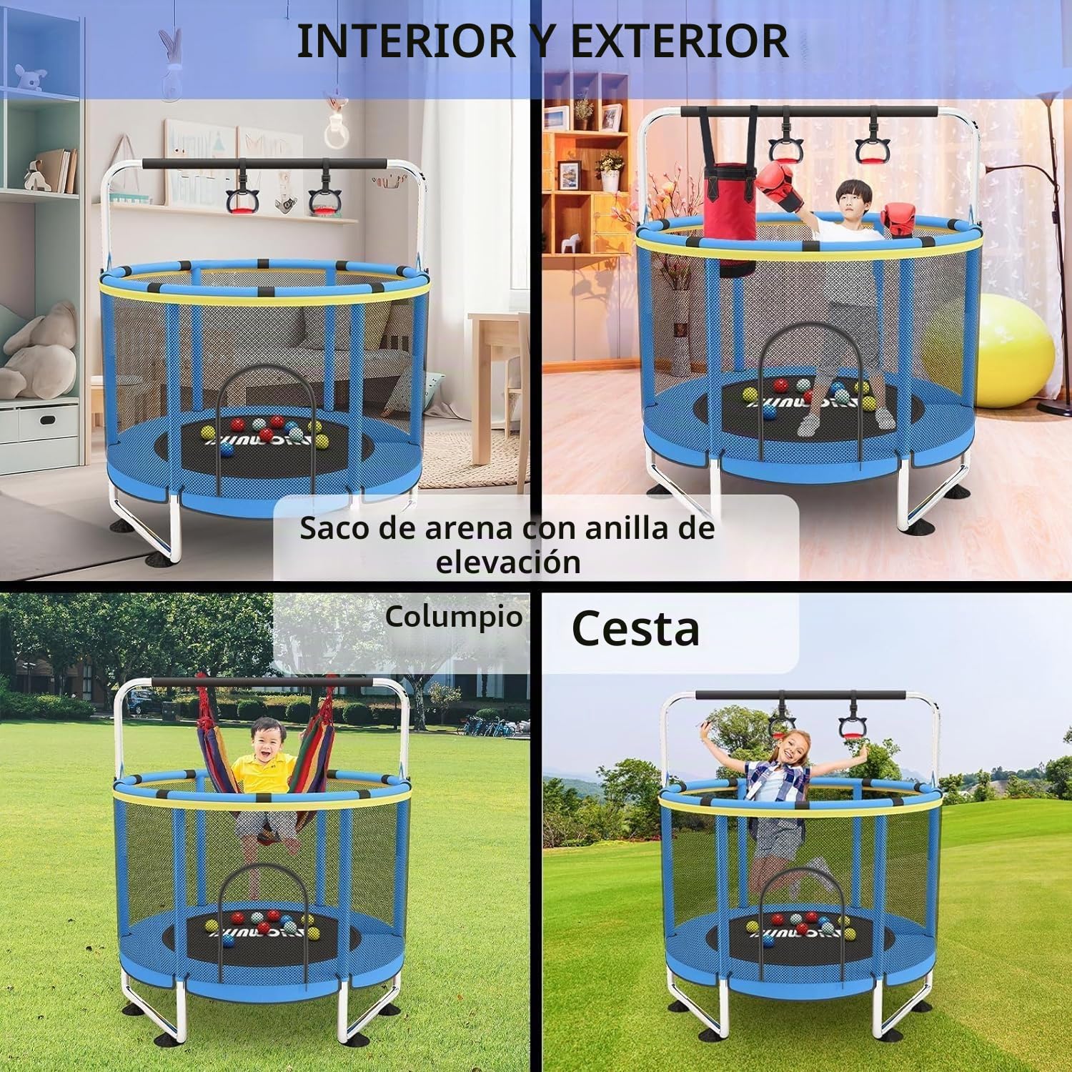 Trampolín infantil con barra de gimnasia – 140 cm Trampolín para niños pequeños, hasta 200 kg, con kit de juego y red de seguridad para interior y jardín
