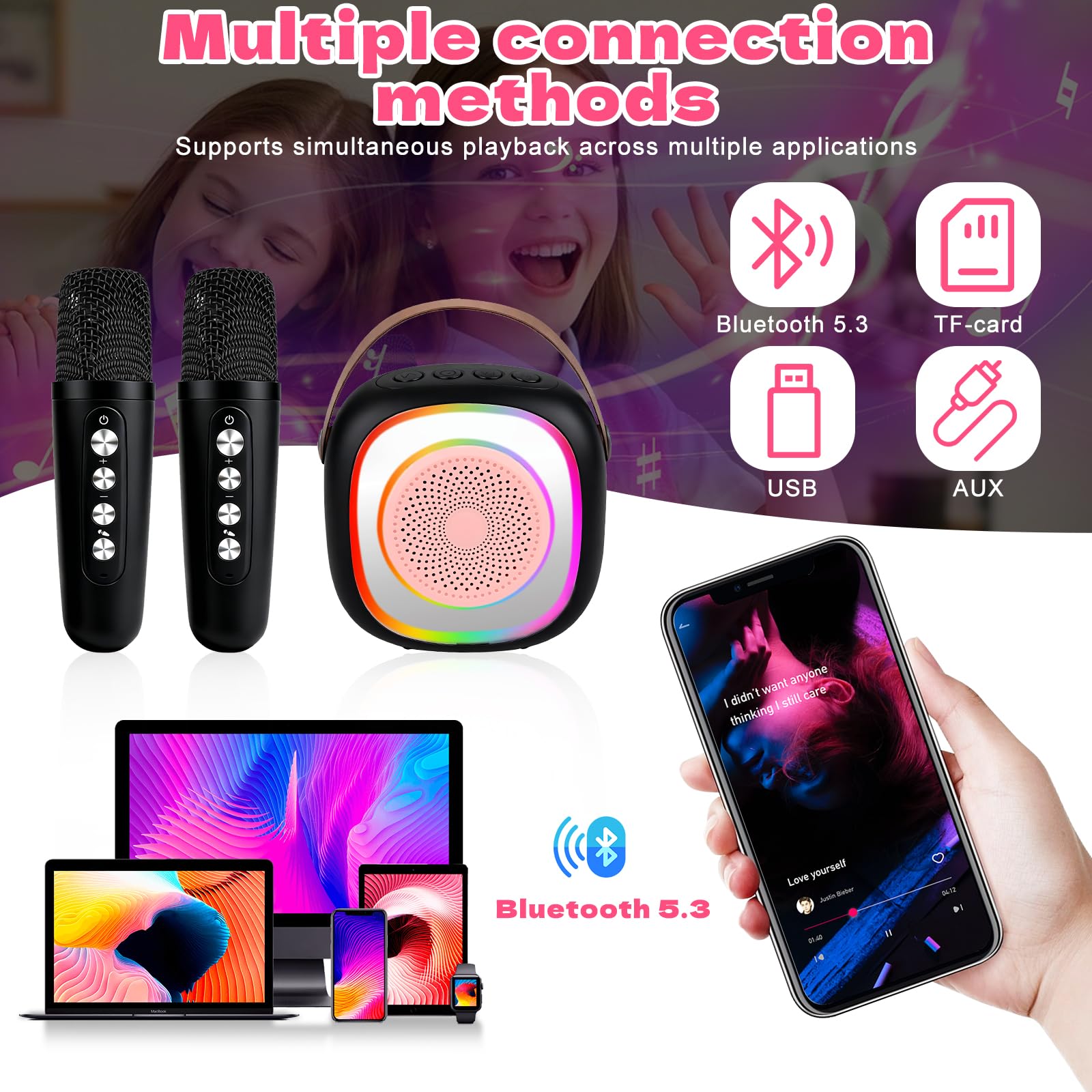 Karaoke Enfant avec 2 Microphones sans Fil, Micro Portables Karaoké, Jouet de Karaoké Bluetooth avec Voix Change et LED Lumière pour 3-12 Enfant Fille Cadeau Chanter Adulte (Noir)