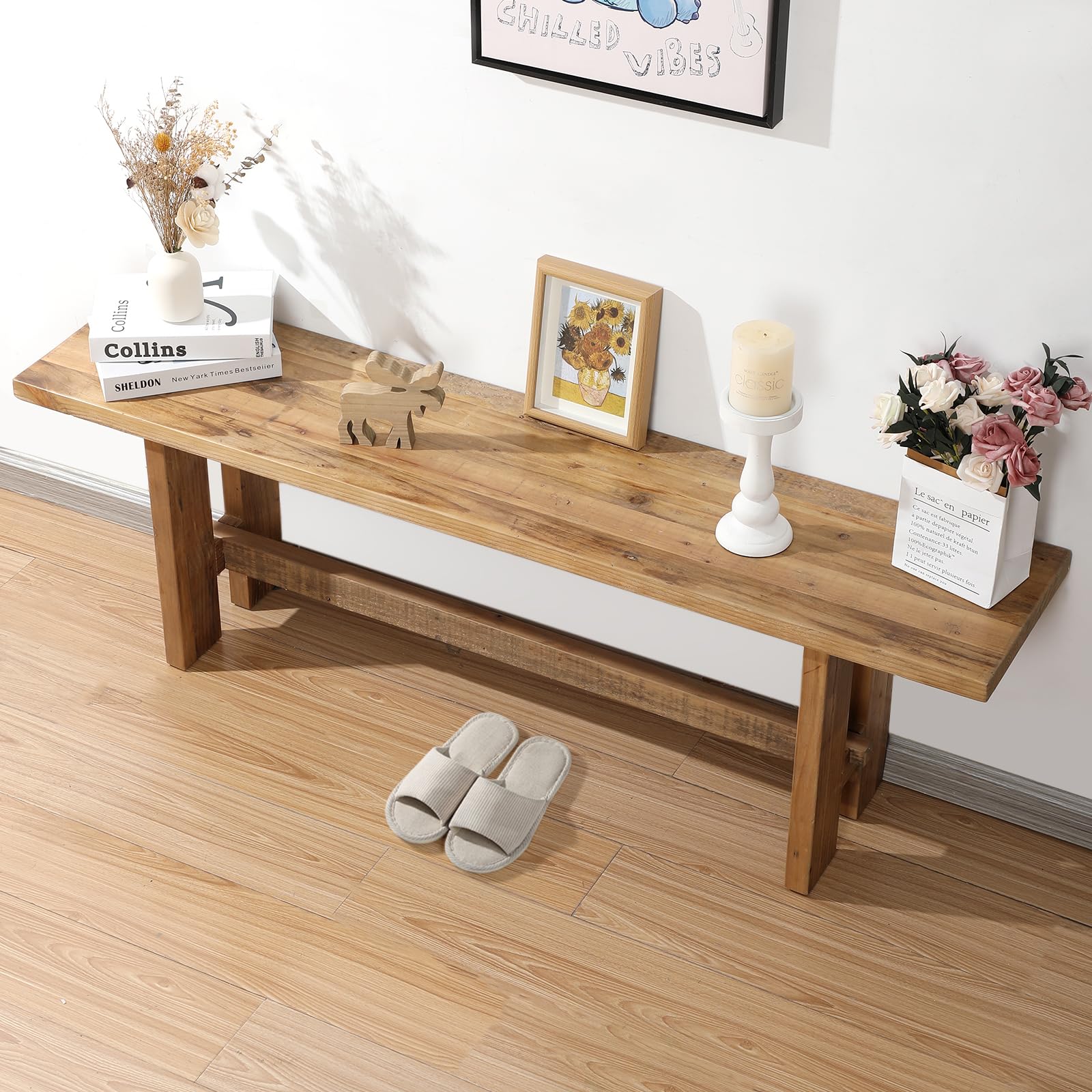Reclaimed Solid Wood Bench, 55" Farmhouse Entryway Bench | Narrow Indoor Bench with Rustic Charm, Hallway, Kitchen, Dining, Bedroom