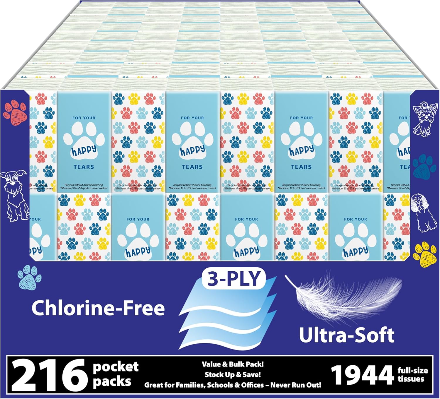 Travel Tissue Packs – 216 Compact 3-Ply Packs (1,944 Total), Soft Chlorine-Free Facial Tissues for Purse, Car, or School, Gentle & Durable, Non-Bleach, Playful Dog Design