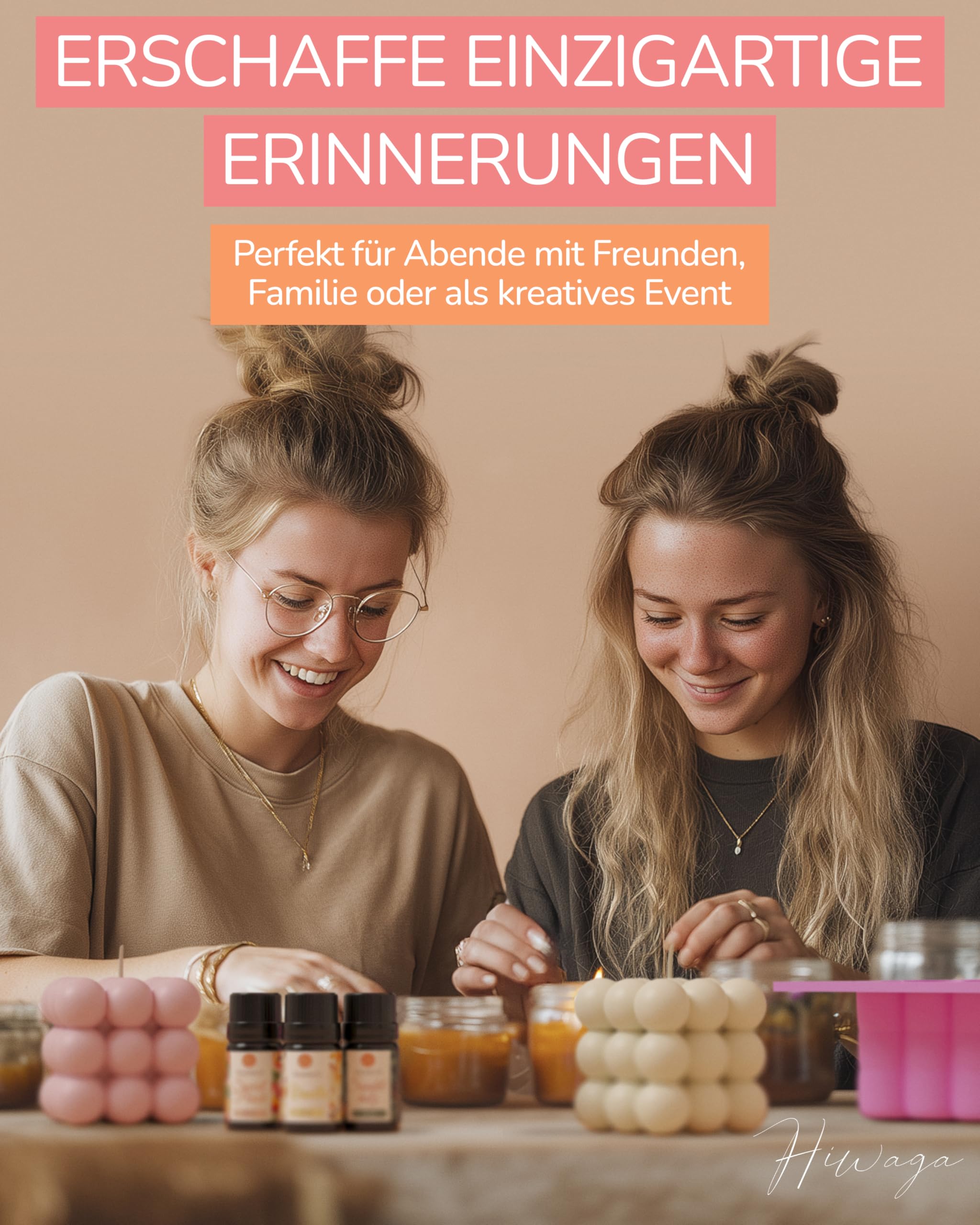 Hiwaga DIY Kerzen selber machen Set für Erwachsene, Starterkit für kreative Kerzenherstellung, Kerzen gießen Set Erwachsene, DIY Komplettset inkl. Rohwachs, Farben, Duftöle und Silikonform