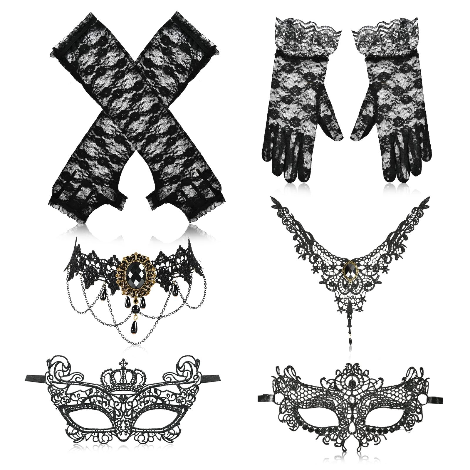 YUNHENTONG Máscara de Encaje Negro,Máscara Veneciana Mujer,Collar,Guantes de Encaje,Accesorios Para Disfraces De Fiesta De Boda Máscara de Mujer de Mascarada para Halloween Carnaval