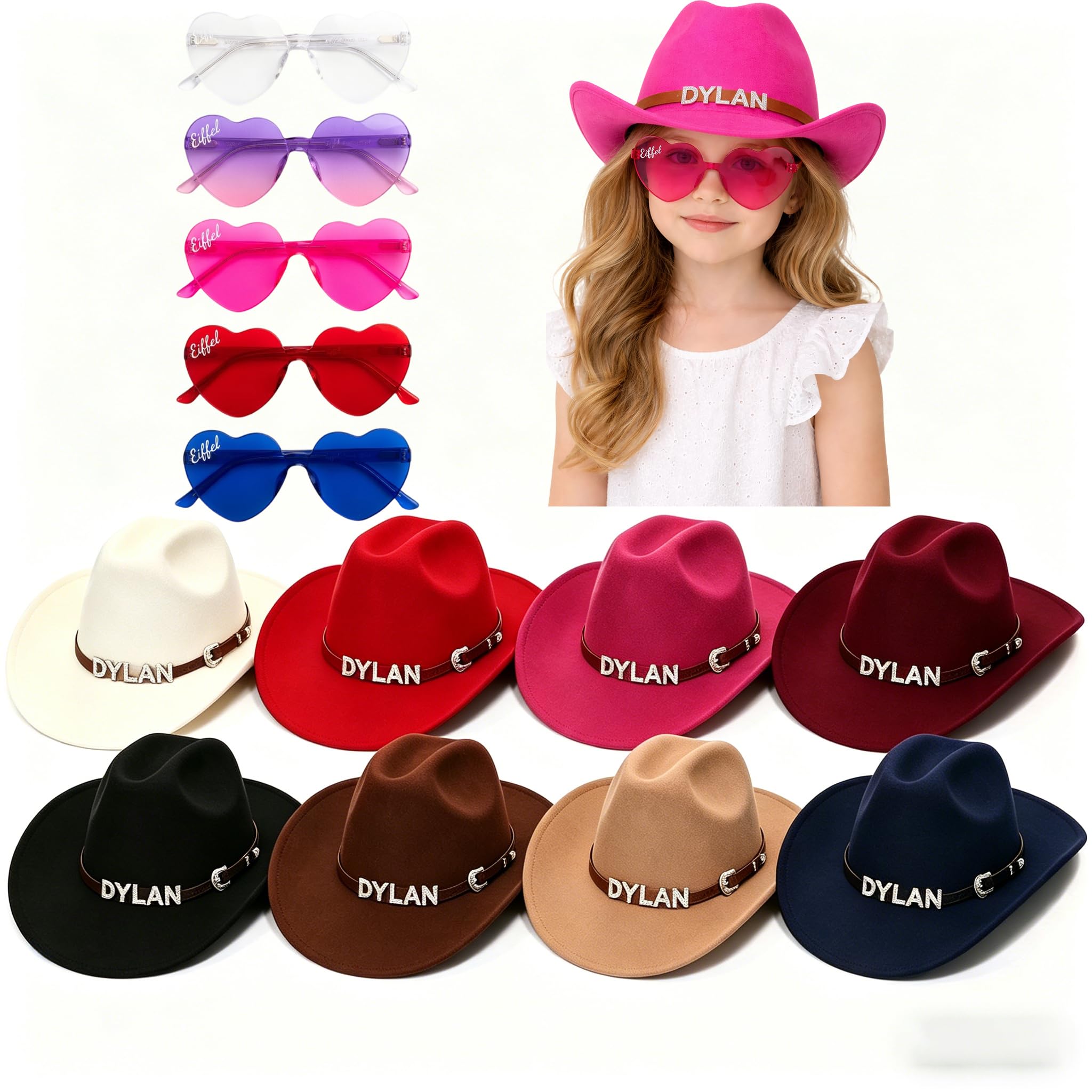 VEELU Personalized Toddler Cowgirl Hat, Custom Name Rhinestone Cowboy Hat Set with Heart Shape Sunglasses, for Girls Boys Western Hats for Kids Baby, Birthday Supplies