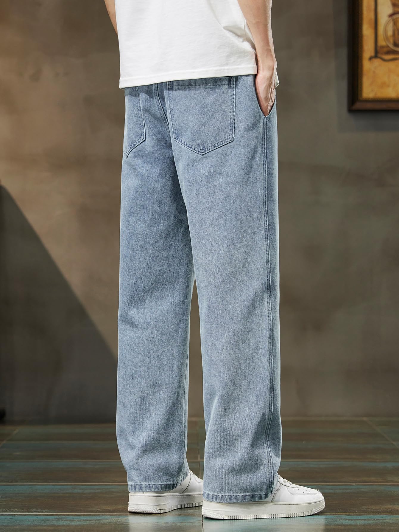 Herren Straight Baggy Jeans mit Elastikbund, Kordel & Taschen, Y2K