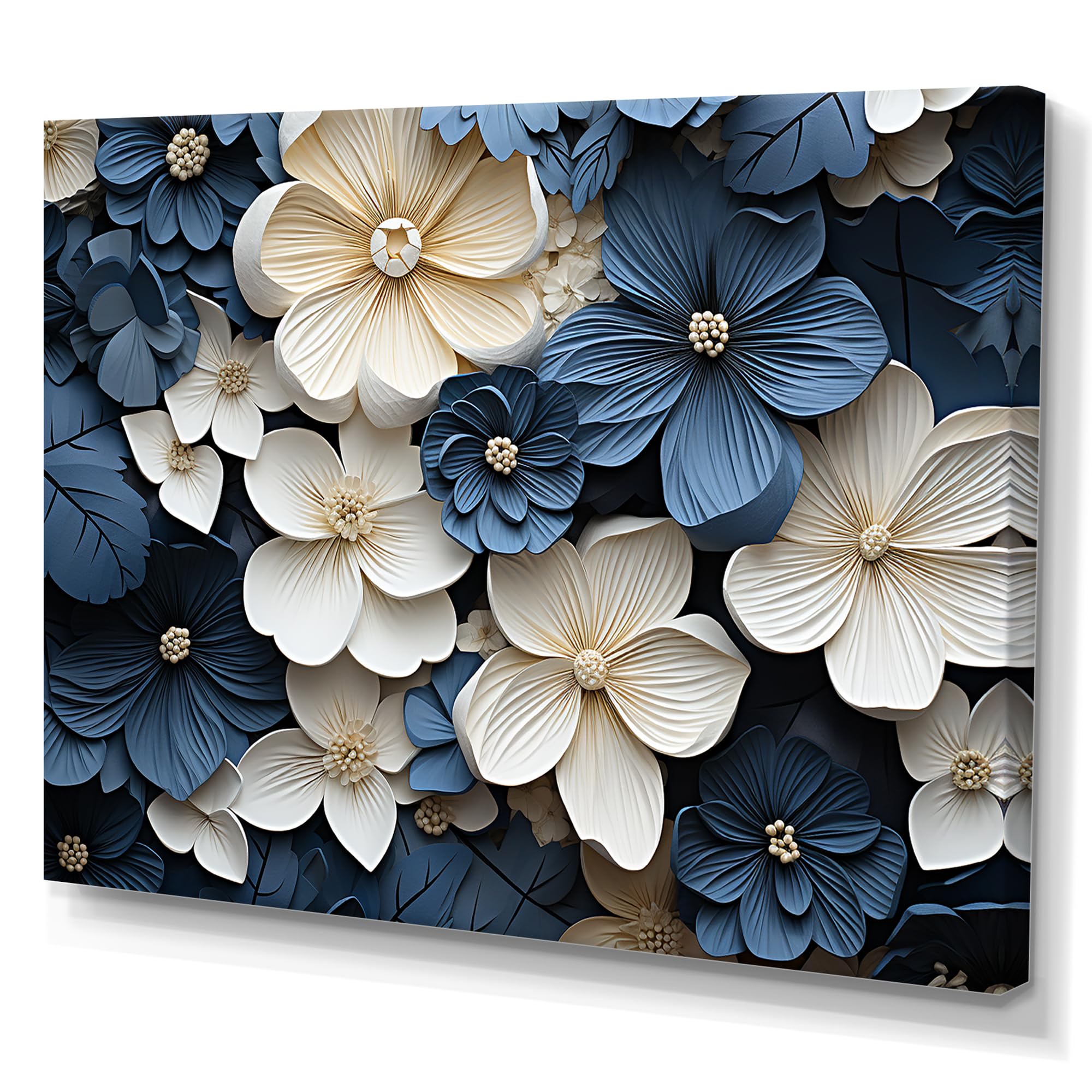 DesignQ Violets Oversized Wall art decor, Violets Wall Art, Adorned Violets In Blue And White, blue Canvas wall art, 32x24 inches