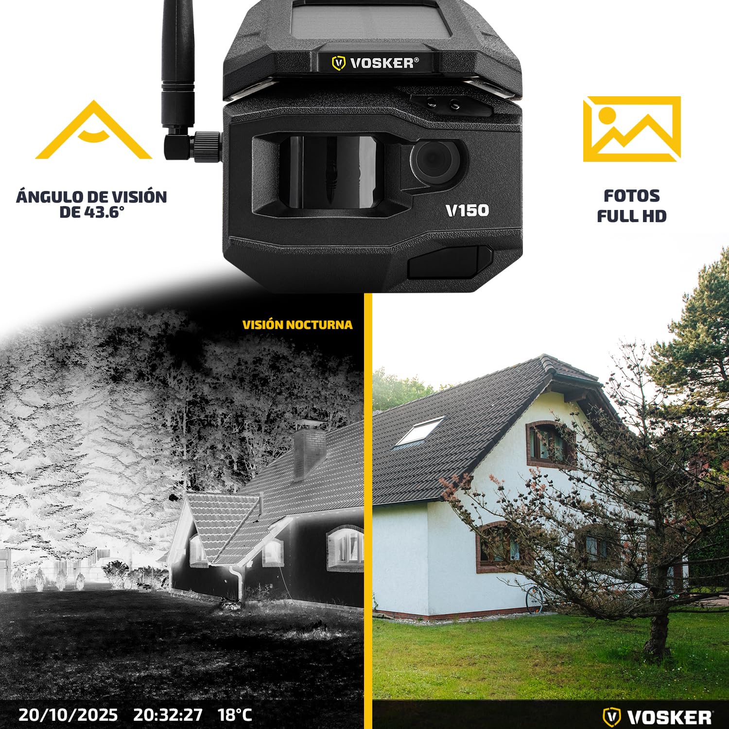 Vosker V150 Cámara Exterior 4G LTE con Panel Solar, sin Cables, sin Wi-Fi, detección de Movimiento, visión Nocturna, Fotos enviadas a la aplicación móvil, batería Recargable