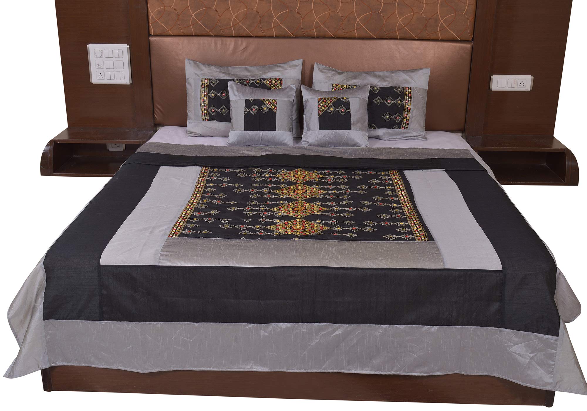 JABAMA® Multi Polysilk Rajwada Mirror Work Bed Cover with 2 Pillow Cover & 2 Cusion Cover Set